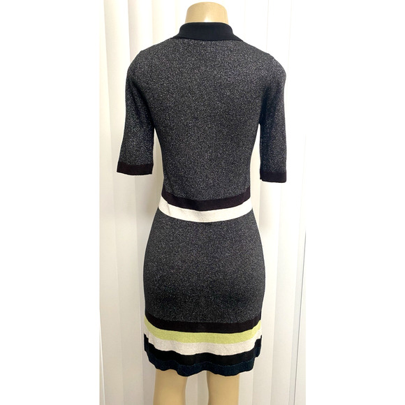 TED BAKER Dress Knit Metallic Silver Short Sleeve Striped Collared Shimmer 0 XS - Picture 6 of 8